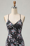 Black Bodycon Spaghetti Straps Sequins Floral Short Homecoming Dress with Slit