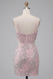Blush Bodycon Corset Cut Out Spaghetti Straps Sequins Floral Short Homecoming Dress