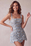 Sparkly Ivory A-Line Square Neck Short Cocktail Dress with Sequins