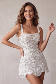 Sparkly Ivory A-Line Square Neck Short Cocktail Dress with Sequins