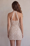 Champagne Halter Neck Short Bodycon Floral Homecoming Dress with Sequins