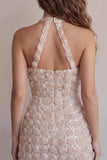 Champagne Halter Neck Short Bodycon Floral Homecoming Dress with Sequins