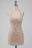 Champagne Halter Neck Short Bodycon Floral Homecoming Dress with Sequins