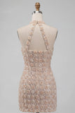 Champagne Halter Neck Short Bodycon Floral Homecoming Dress with Sequins