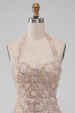 Champagne Halter Neck Short Bodycon Floral Homecoming Dress with Sequins