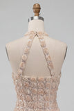 Champagne Halter Neck Short Bodycon Floral Homecoming Dress with Sequins