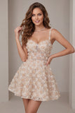 A-Line Champagne Floral Short Thick Straps Cocktail Dress with Sequins