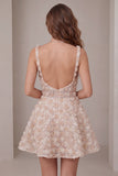 A-Line Champagne Floral Short Thick Straps Cocktail Dress with Sequins