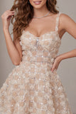 A-Line Champagne Floral Short Thick Straps Cocktail Dress with Sequins