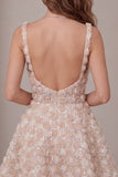 A-Line Champagne Floral Short Thick Straps Cocktail Dress with Sequins