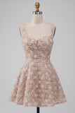 A-Line Champagne Floral Short Thick Straps Cocktail Dress with Sequins