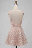 A-Line Champagne Floral Short Thick Straps Cocktail Dress with Sequins