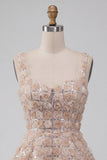 A-Line Champagne Floral Short Thick Straps Cocktail Dress with Sequins