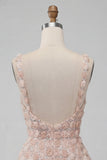 A-Line Champagne Floral Short Thick Straps Cocktail Dress with Sequins
