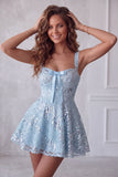 A-Line Sky Blue Thick Straps Short Floral Sequins Homecoming Dress with Bow