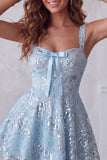 A-Line Sky Blue Thick Straps Short Floral Sequins Homecoming Dress with Bow