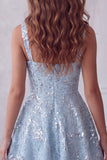 A-Line Sky Blue Thick Straps Short Floral Sequins Homecoming Dress with Bow