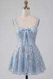 A-Line Sky Blue Thick Straps Short Floral Sequins Homecoming Dress with Bow