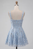 A-Line Sky Blue Thick Straps Short Floral Sequins Homecoming Dress with Bow
