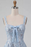 A-Line Sky Blue Thick Straps Short Floral Sequins Homecoming Dress with Bow