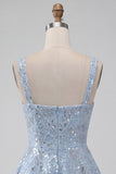 A-Line Sky Blue Thick Straps Short Floral Sequins Homecoming Dress with Bow