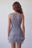 Dusty Lavender Round Neck Bodycon Short Floral Homecoming Dress with Feather