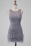 Dusty Lavender Round Neck Bodycon Short Floral Homecoming Dress with Feather