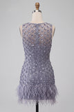 Dusty Lavender Round Neck Bodycon Short Floral Homecoming Dress with Feather