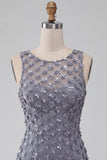 Dusty Lavender Round Neck Bodycon Short Floral Homecoming Dress with Feather
