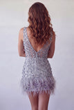 Dusty Lavender Floral V-Neck Bodycon Short Homecoming Dress with Feather