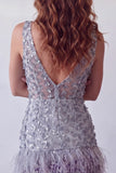 Dusty Lavender Floral V-Neck Bodycon Short Homecoming Dress with Feather