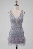 Dusty Lavender Floral V-Neck Bodycon Short Homecoming Dress with Feather