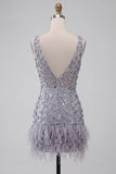 Dusty Lavender Floral V-Neck Bodycon Short Homecoming Dress with Feather
