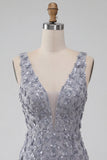 Dusty Lavender Floral V-Neck Bodycon Short Homecoming Dress with Feather