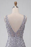 Dusty Lavender Floral V-Neck Bodycon Short Homecoming Dress with Feather
