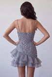 Bodycon Dusty Lavender Floral Spaghetti Straps Short Homecoming Dress with Ruffles