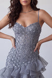 Bodycon Dusty Lavender Floral Spaghetti Straps Short Homecoming Dress with Ruffles
