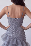 Bodycon Dusty Lavender Floral Spaghetti Straps Short Homecoming Dress with Ruffles