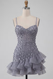 Bodycon Dusty Lavender Floral Spaghetti Straps Short Homecoming Dress with Ruffles