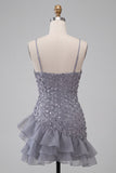 Bodycon Dusty Lavender Floral Spaghetti Straps Short Homecoming Dress with Ruffles