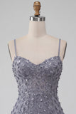 Bodycon Dusty Lavender Floral Spaghetti Straps Short Homecoming Dress with Ruffles