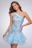 Sky Blue One Shoulder Floral Sequins Short Homecoming Dress with Ruffles