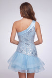Sky Blue One Shoulder Floral Sequins Short Homecoming Dress with Ruffles