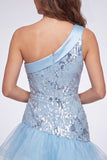 Sky Blue One Shoulder Floral Sequins Short Homecoming Dress with Ruffles