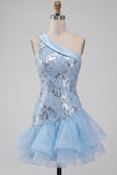 Sky Blue One Shoulder Floral Sequins Short Homecoming Dress with Ruffles