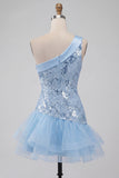 Sky Blue One Shoulder Floral Sequins Short Homecoming Dress with Ruffles