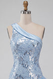 Sky Blue One Shoulder Floral Sequins Short Homecoming Dress with Ruffles