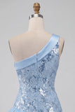 Sky Blue One Shoulder Floral Sequins Short Homecoming Dress with Ruffles