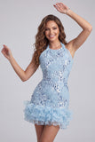 Halter Neck Sky Blue Floral Ruffled Bodycon Short Homecoming Dress with Sequins
