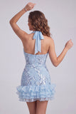Halter Neck Sky Blue Floral Ruffled Bodycon Short Homecoming Dress with Sequins